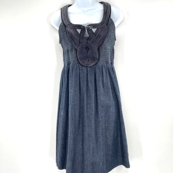 Retro Calvin Klein Jeans Blue Sun Dress Scoop Neckline Ruched Gathered Bodice S - Picture 1 of 12